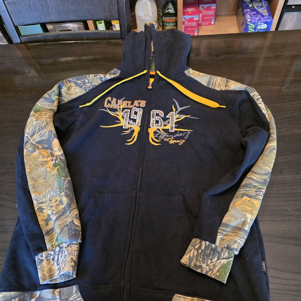 Cabela's Black & Camouflage Zip Hoodie with Yellow Accents